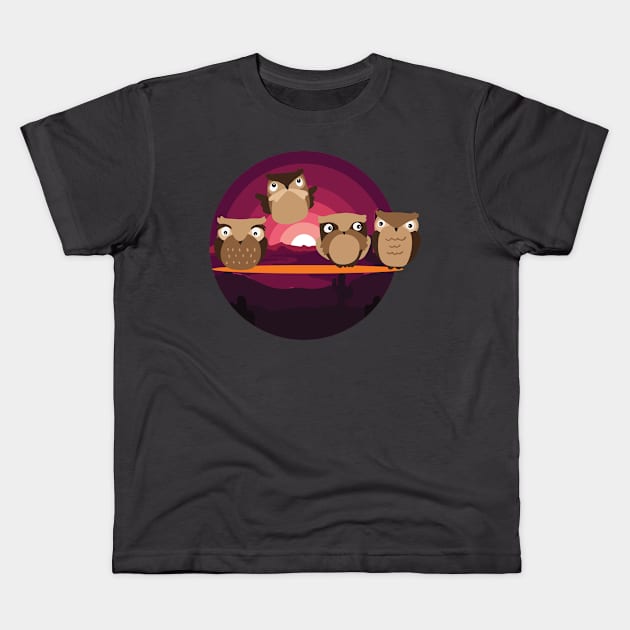 Four Wise Night Owls | Animal Birds Kids T-Shirt by Art by Ergate